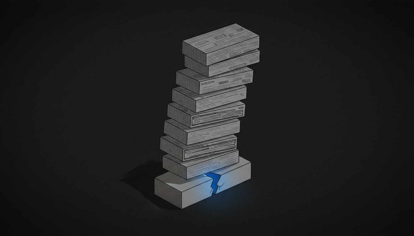 A flawed base layer at the bottom of a tall stack of containers causes every layer above it to lean and crack