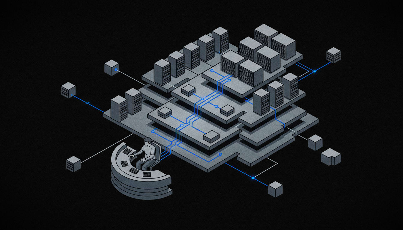 A single vast control panel of interconnected systems watched over by one alert operator — continuous coverage across a sprawling, layered infrastructure