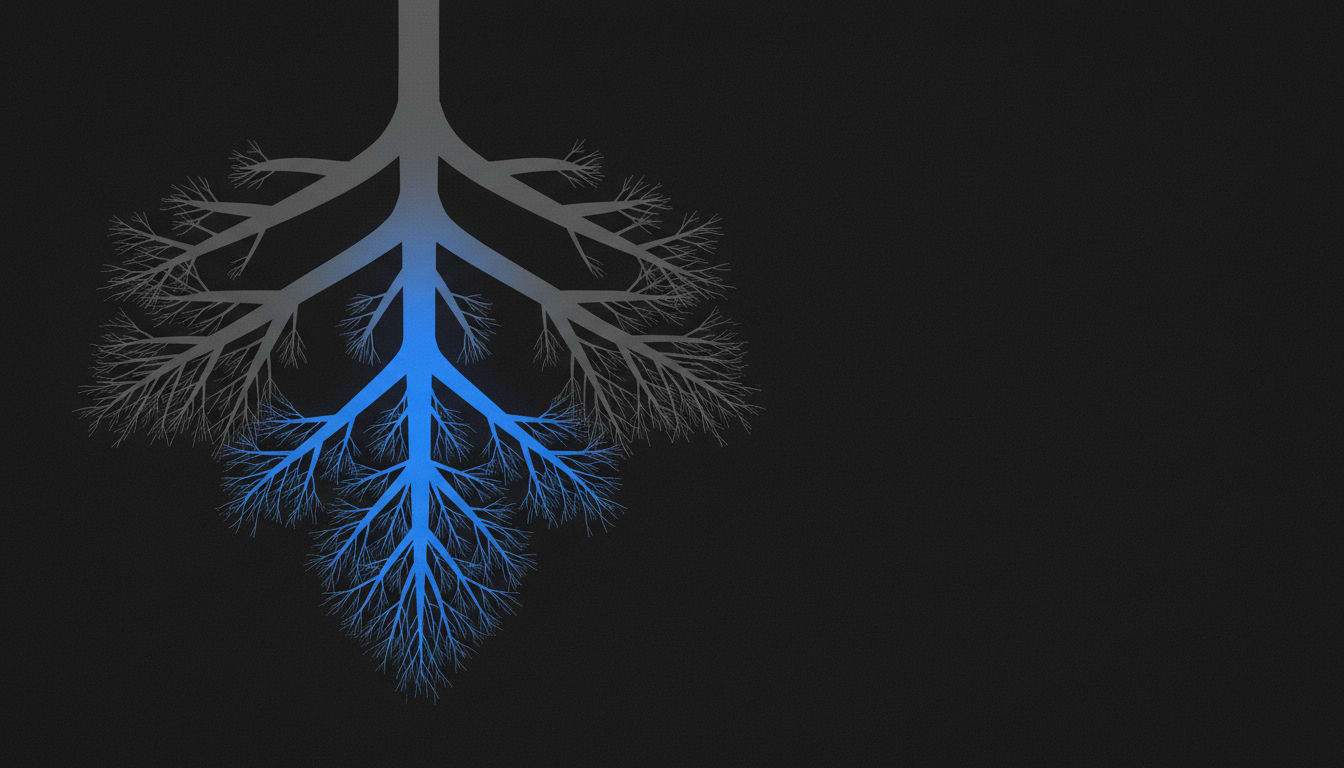 A single root node branches into an ever-expanding tree of discovered subdomains, where each found node itself sprouts new branches — showing recursive permutation as compounding growth