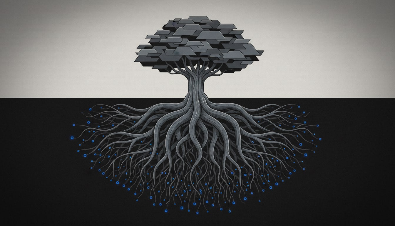 A vast tree whose visible canopy is small but whose root system sprawls enormously underground, each root tip representing a forgotten, vulnerable subdomain