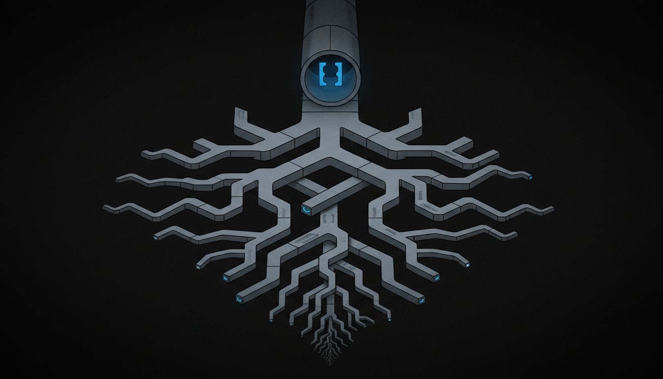 A single pipe carrying a payload branches into an ever-widening tree of attack vectors, each one a different channel through which Log4Shell can enter a system