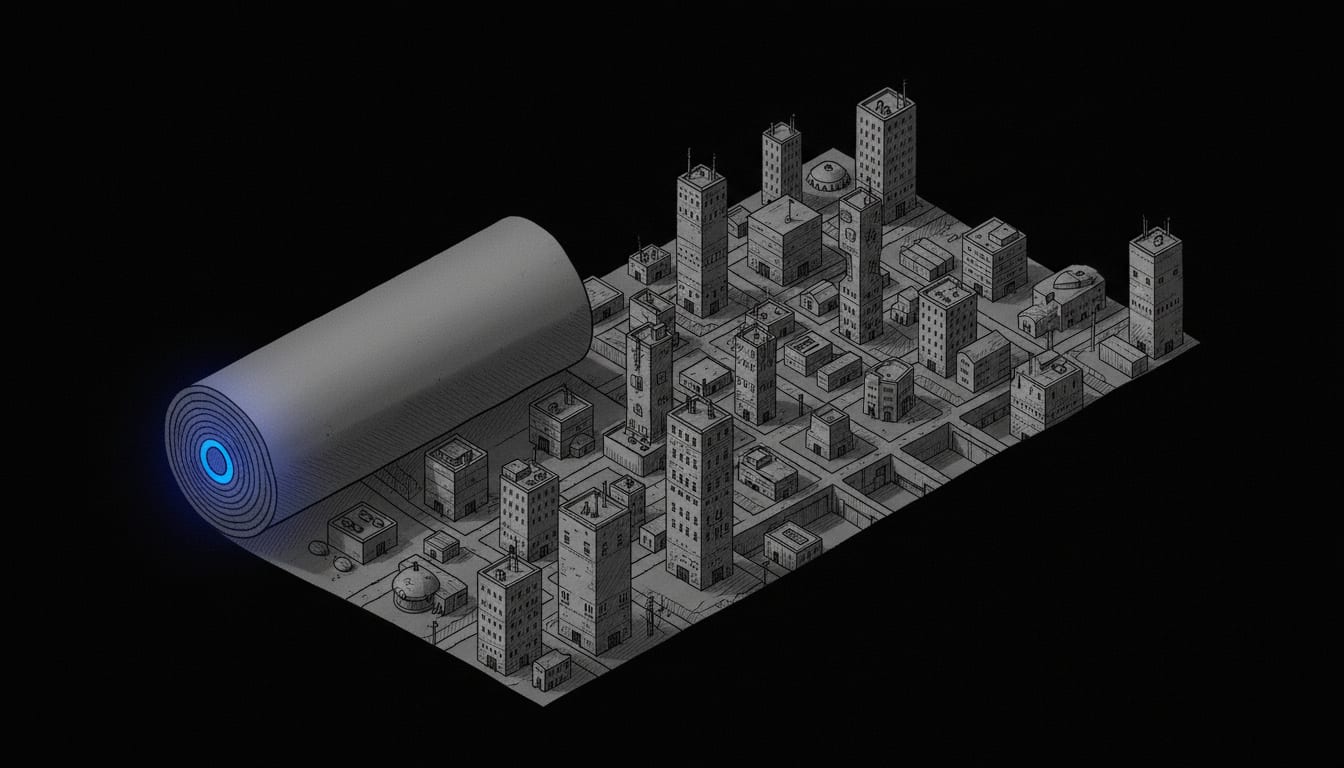 A vast, sprawling city seen from above reveals countless hidden entry points only when the full map is finally unrolled — discovery as the act of seeing the whole territory at once