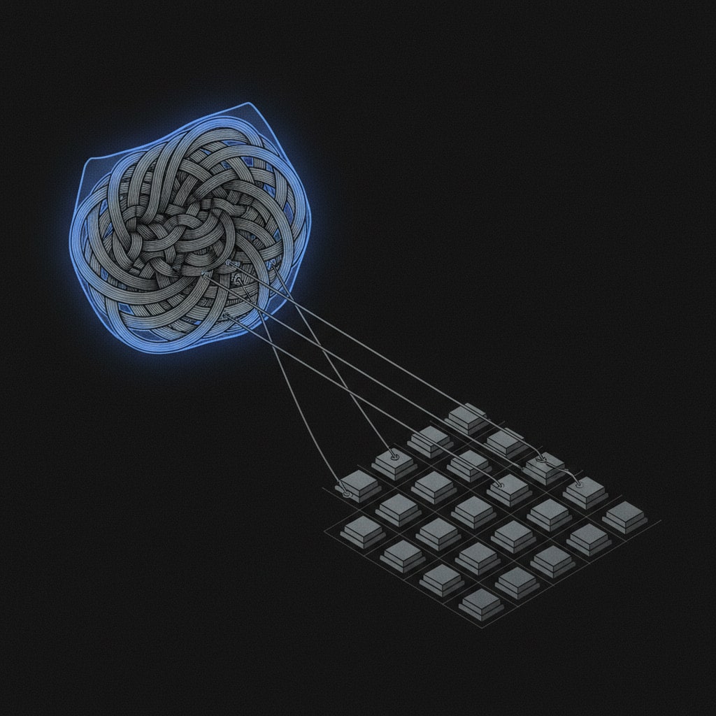Schematic illustration of a dense knowledge cluster locked in one container, with threads extracted into a clean ordered lattice