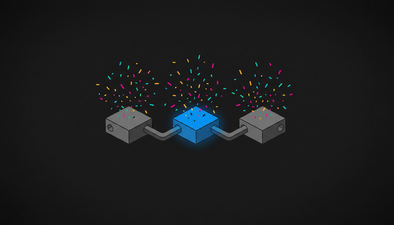 Schematic illustration of modular tool blocks wiring together with a celebratory confetti burst