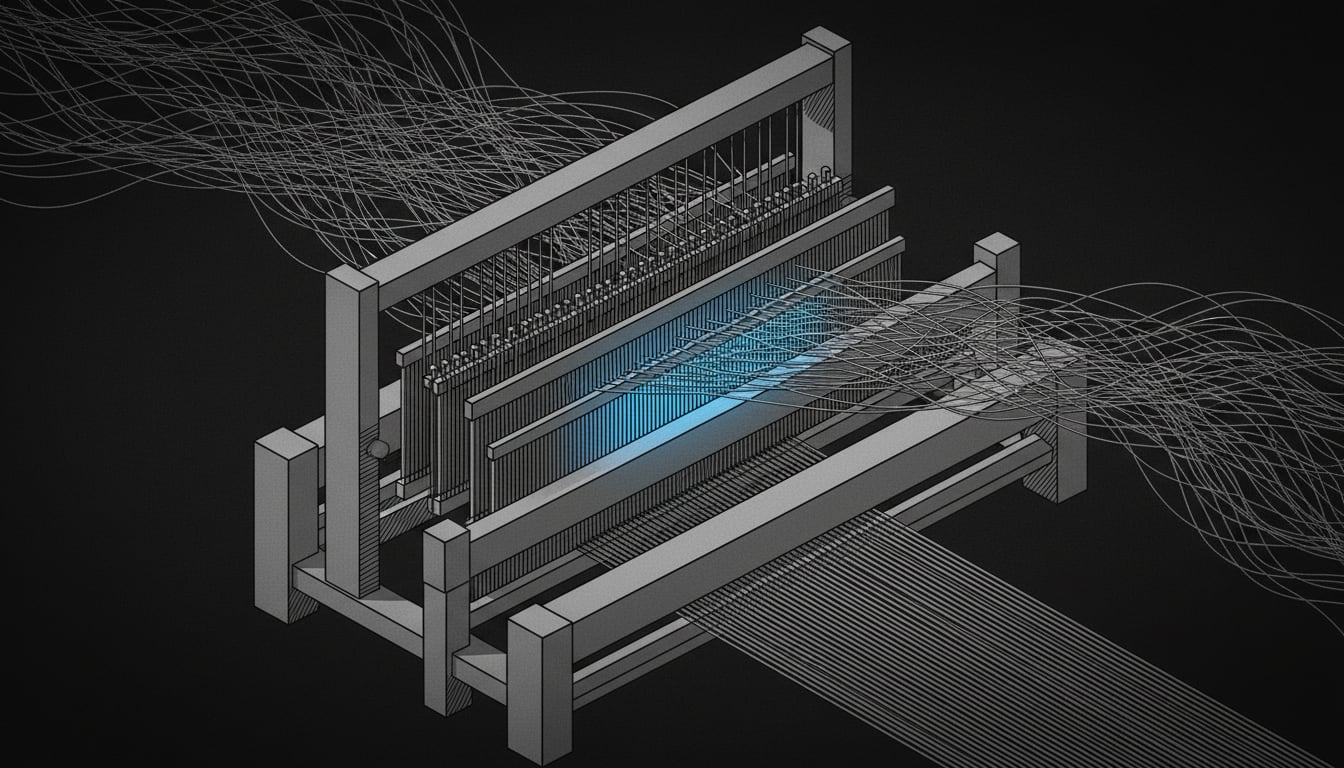 A single vast web of publicly visible digital threads being gathered and routed by one automated loom into ordered, actionable intelligence