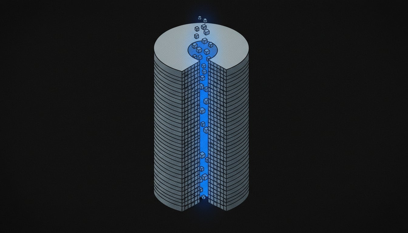 A vast archive of compressed, layered data strata is systematically drilled through by a single automated pipeline, surfacing every hidden user and repository record