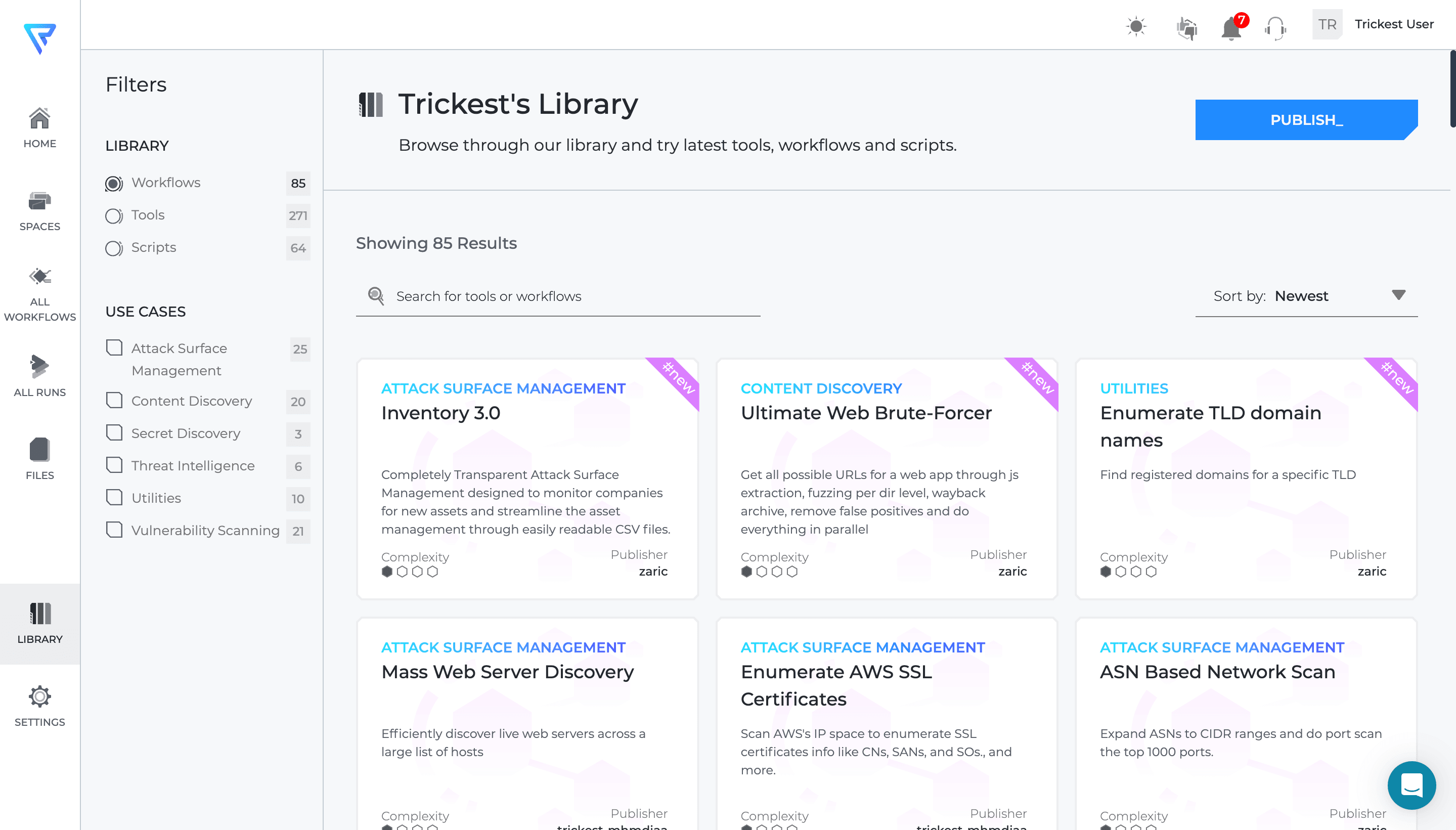 Trickest Workflow Library with the Light theme on