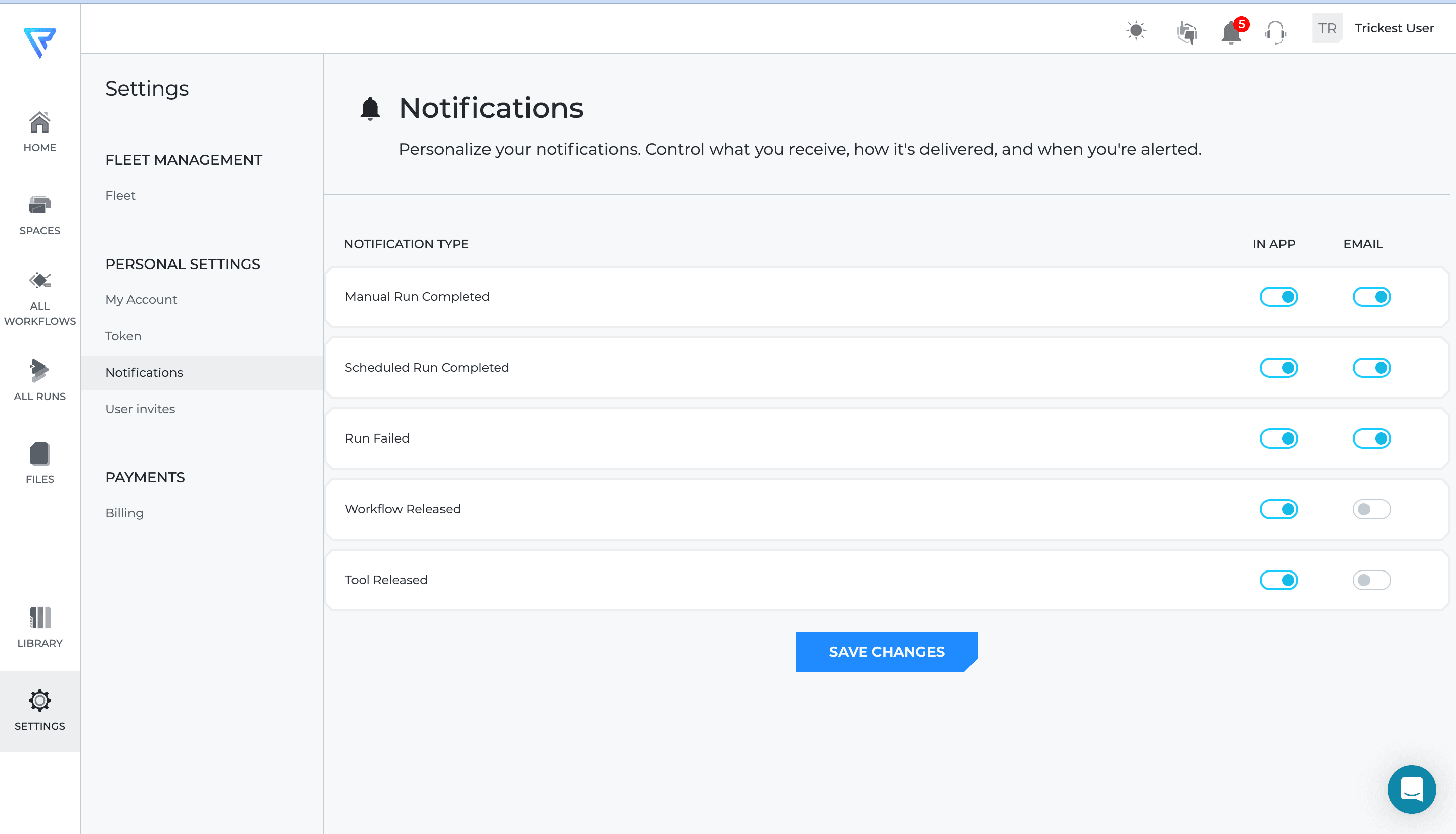 Notification settings page