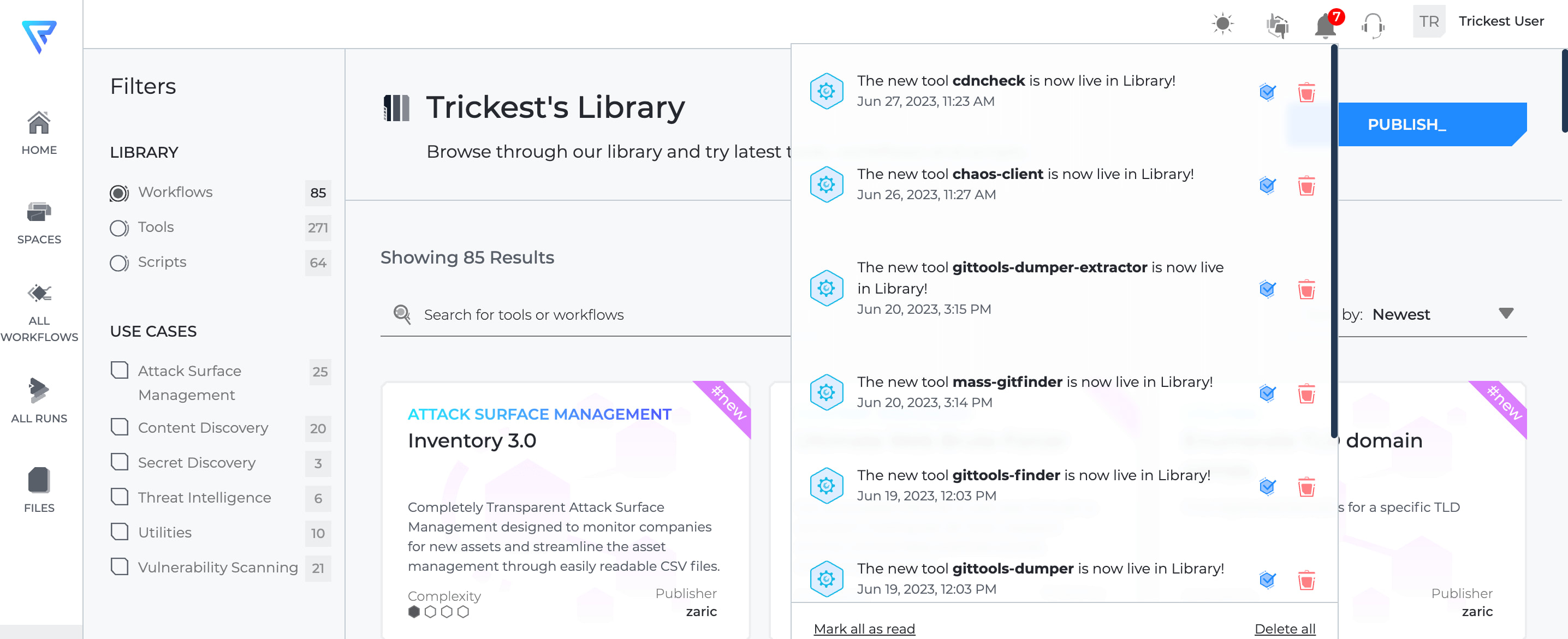 notification bar open on trickest platform