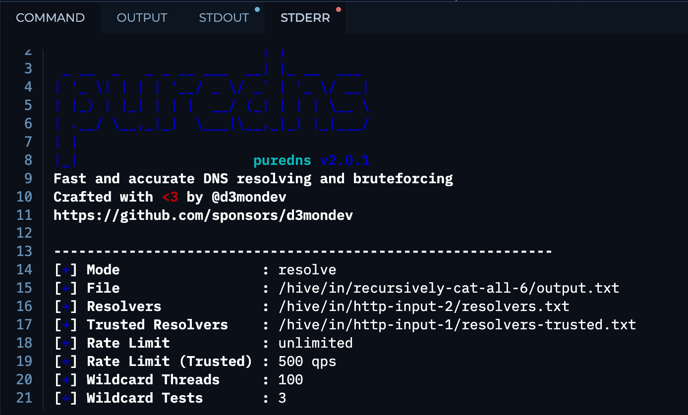 STDERR tab opened with colored code in Trickest's Terminal in Editor