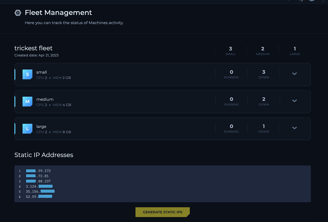 Screenshot of Fleet Management page with Static IPs enabled on the Trickest platform
