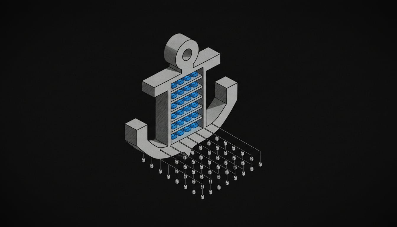 A fixed anchor point holds a fleet of scanning nodes in precise formation, while a layered version stack shows each tool frozen at its exact chosen state