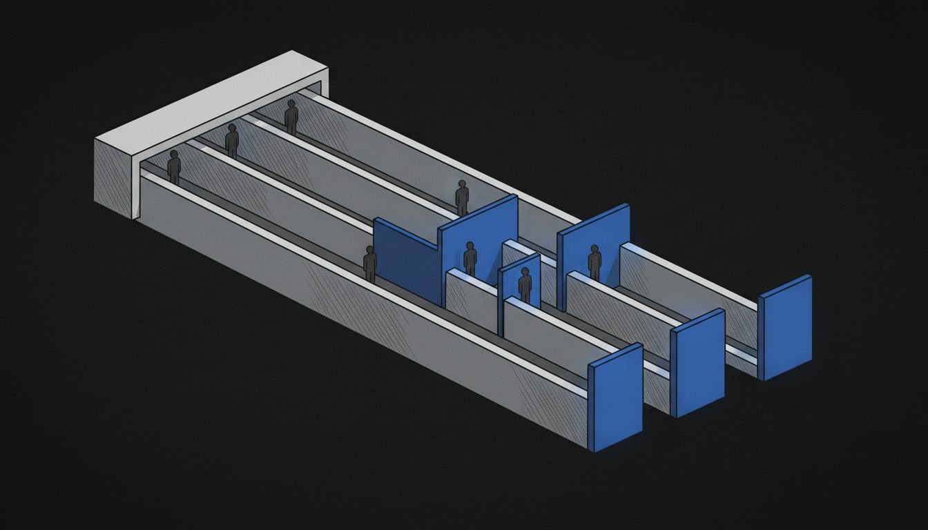 Schematic illustration of figures stopped at staggered gates along parallel access lanes by role