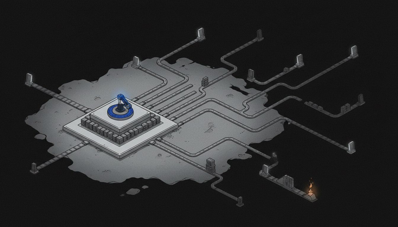 Schematic illustration of a dispatch hub routing work along planned paths to distributed nodes