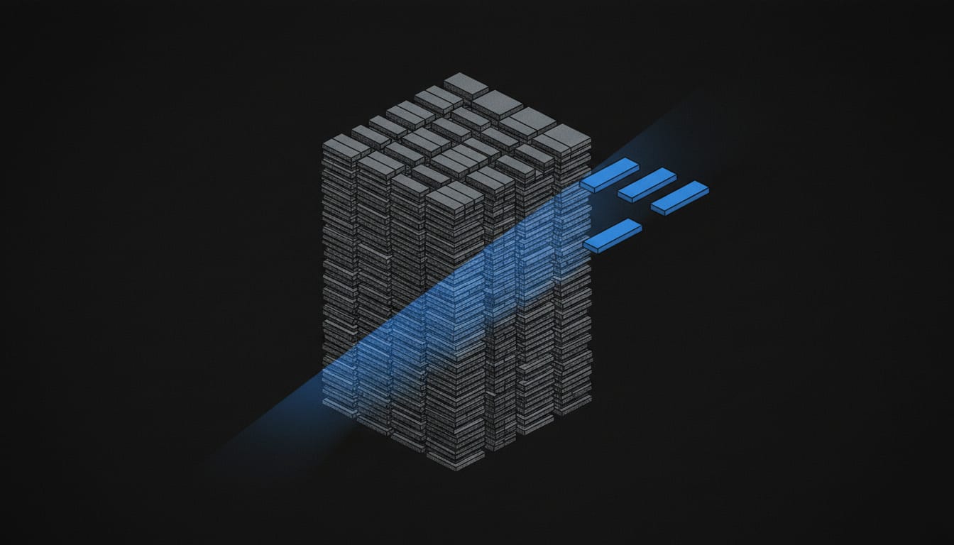 Schematic illustration of a query beam filtering a huge dataset down to a few priority rows