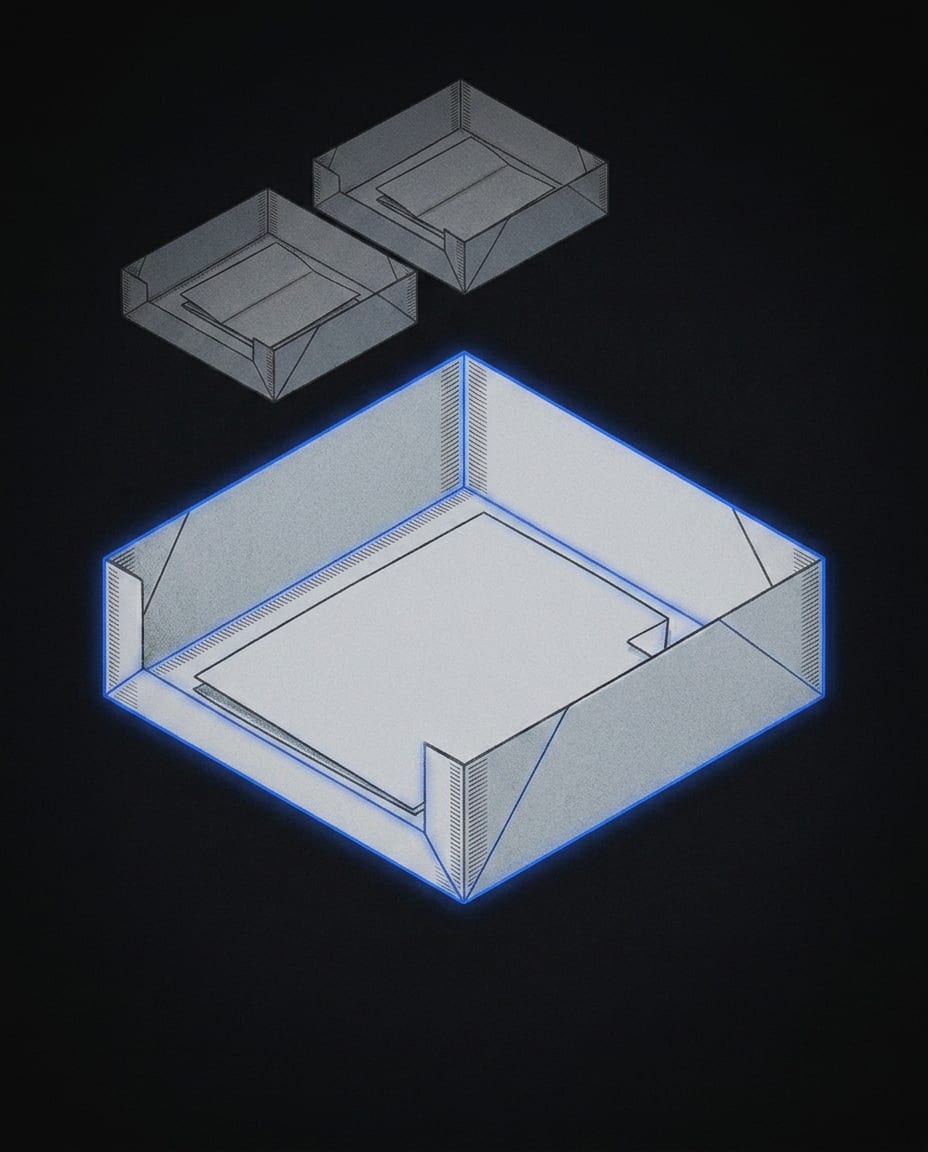 Each folded workspace sits inside its own paper compartment, with a cobalt seam tracing the foreground boundary.