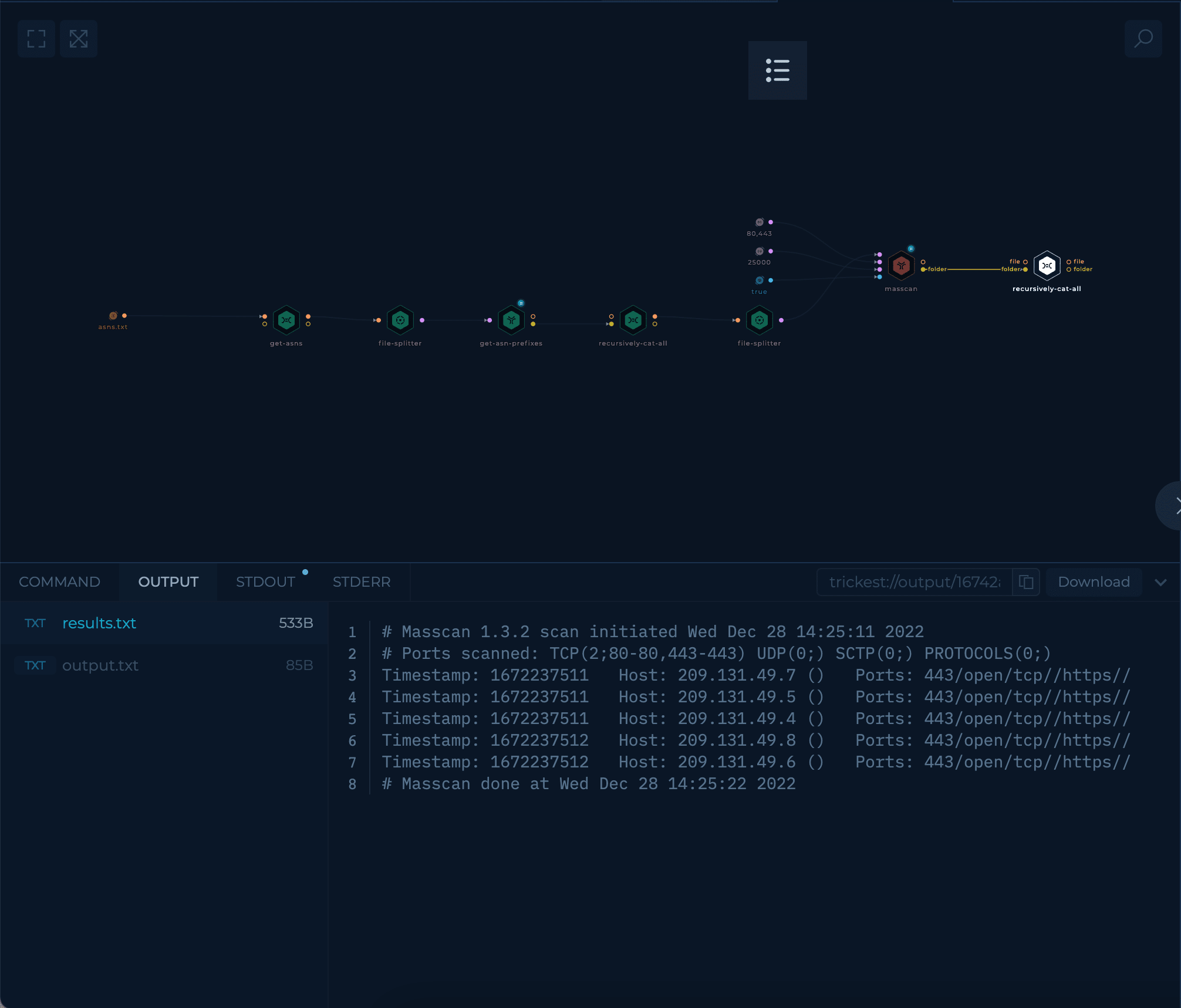 Screenshot of ASN Based Network Scan workflow in Trickest Platform