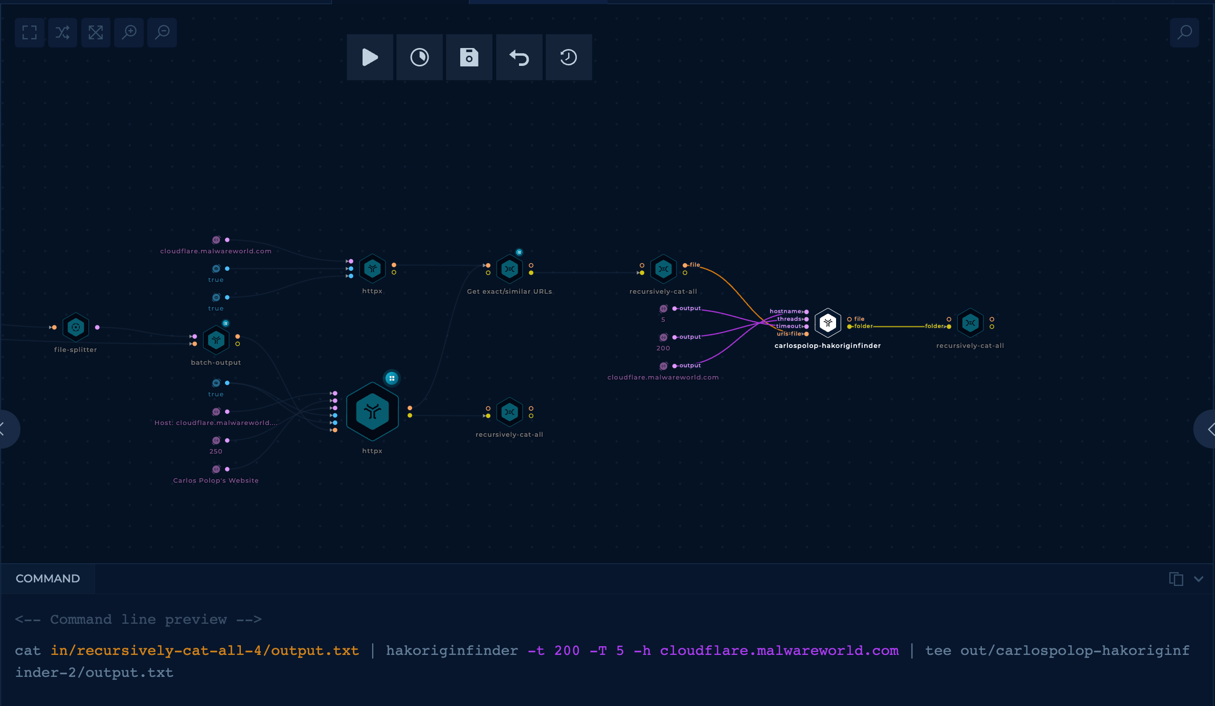 highlighted hackoriginfinder tool in the Final Check Cloudflare domain faster Trickest workflow editor