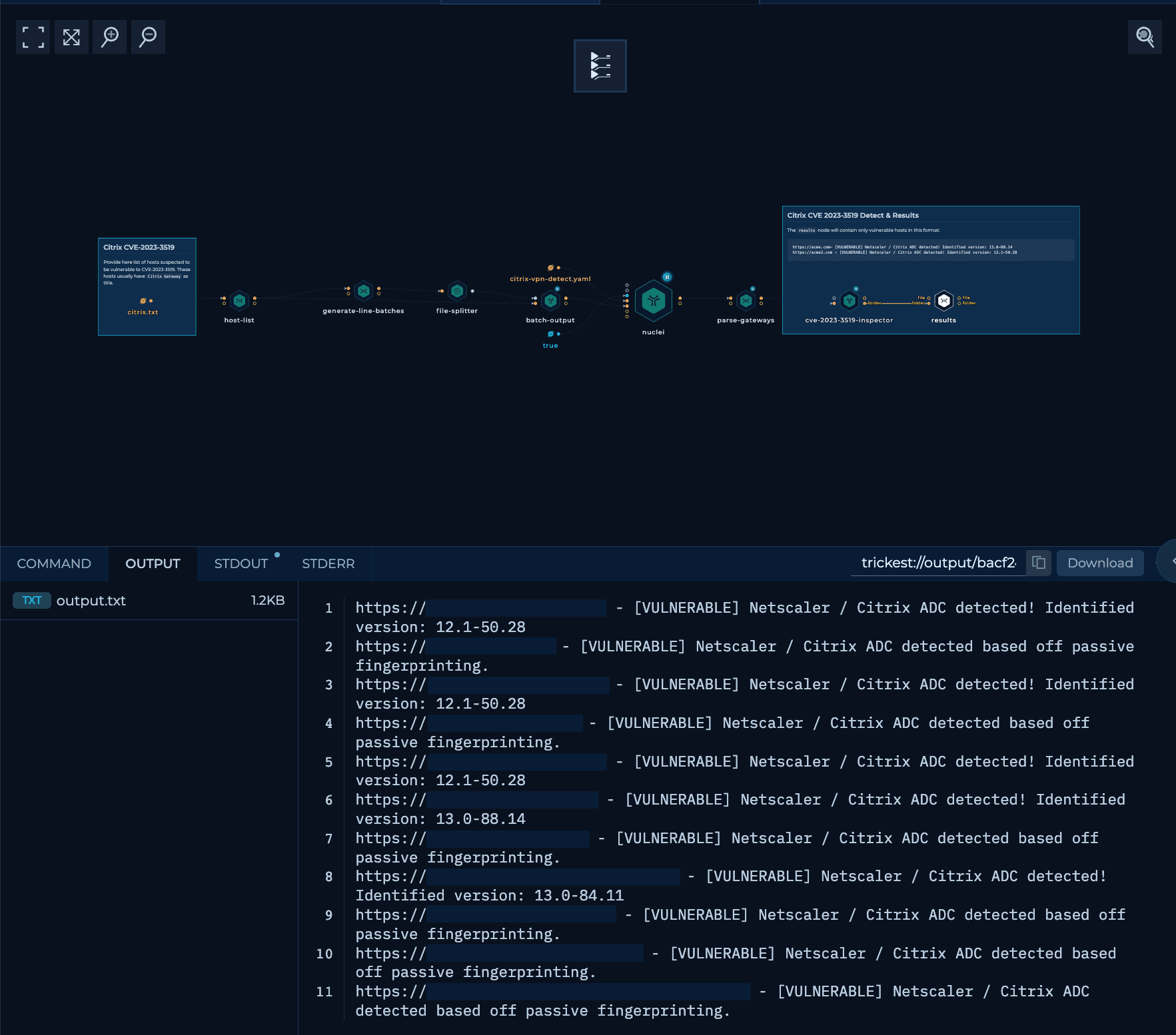 Trickest workflow with output listed below it