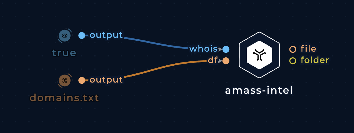 amass-intel node with boolean and file input nodes in the workflow editor