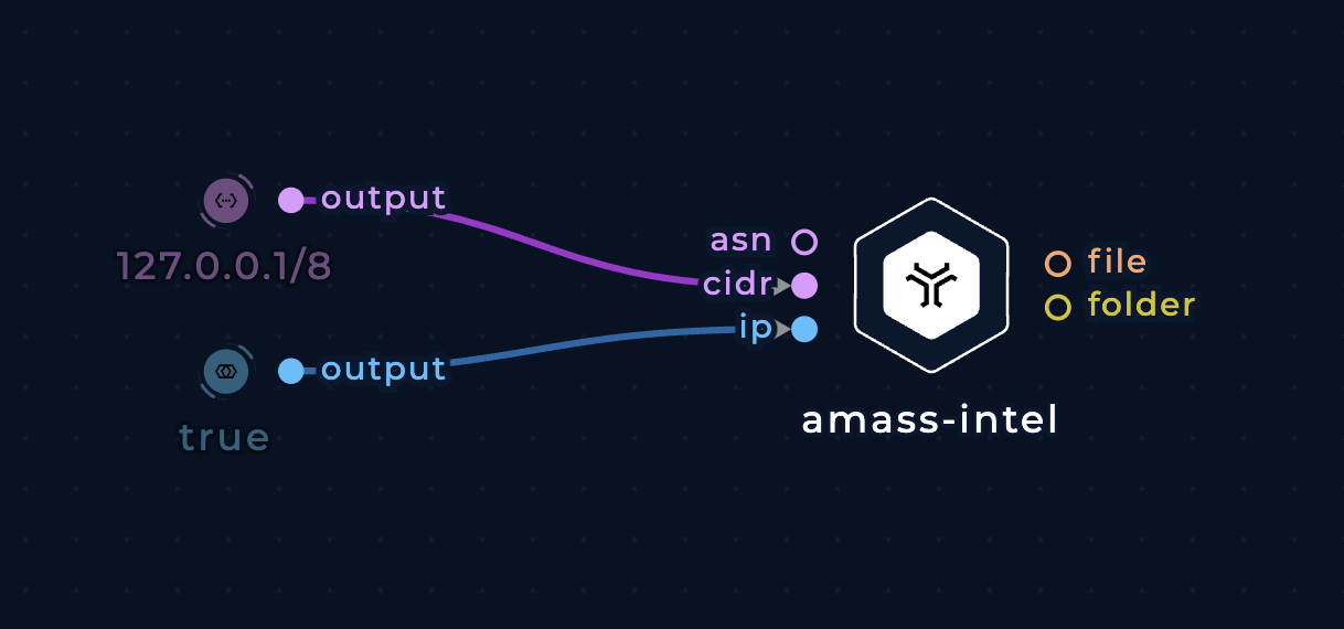 amass-intel node with boolean and file input nodes in the workflow editor