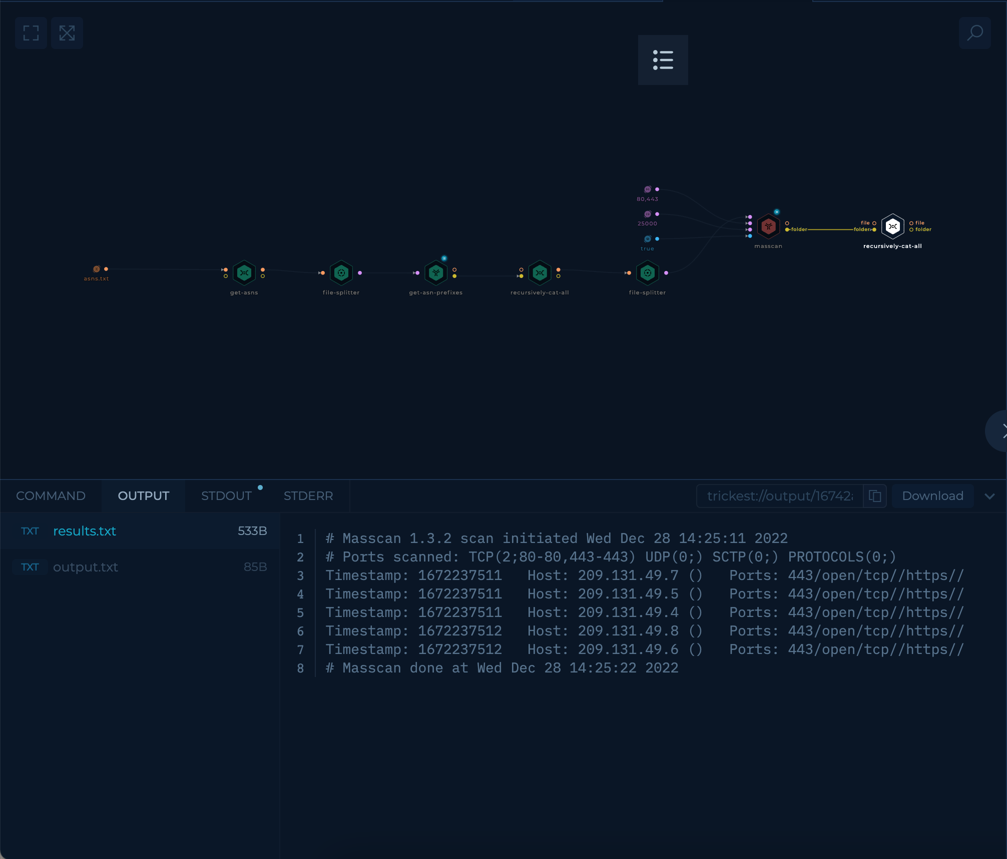 Last node in the workflow editor containing raw masscan data