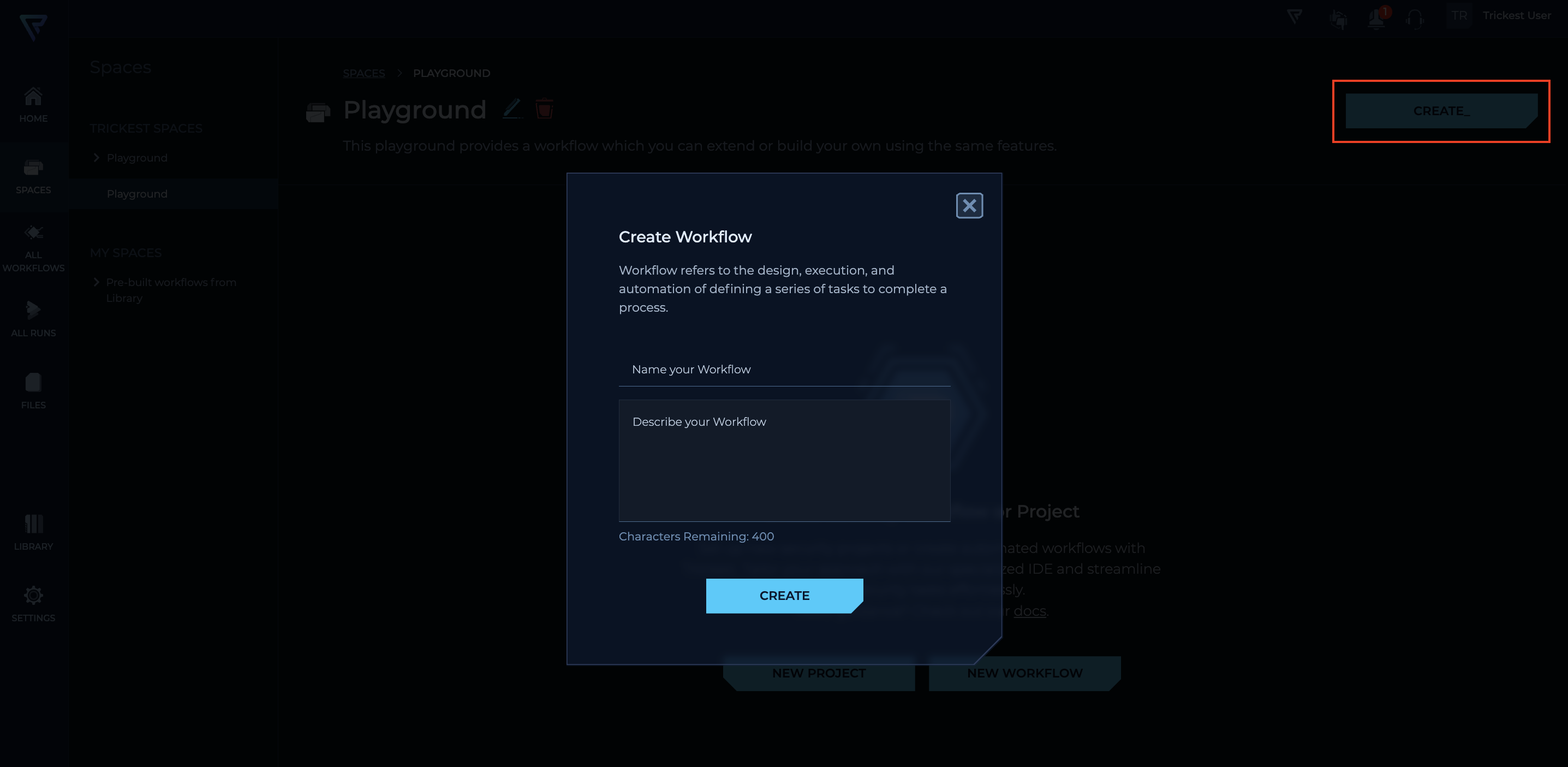 Screenshot of Space in Trickest and the pop-up when a user clicks on the CREATE button