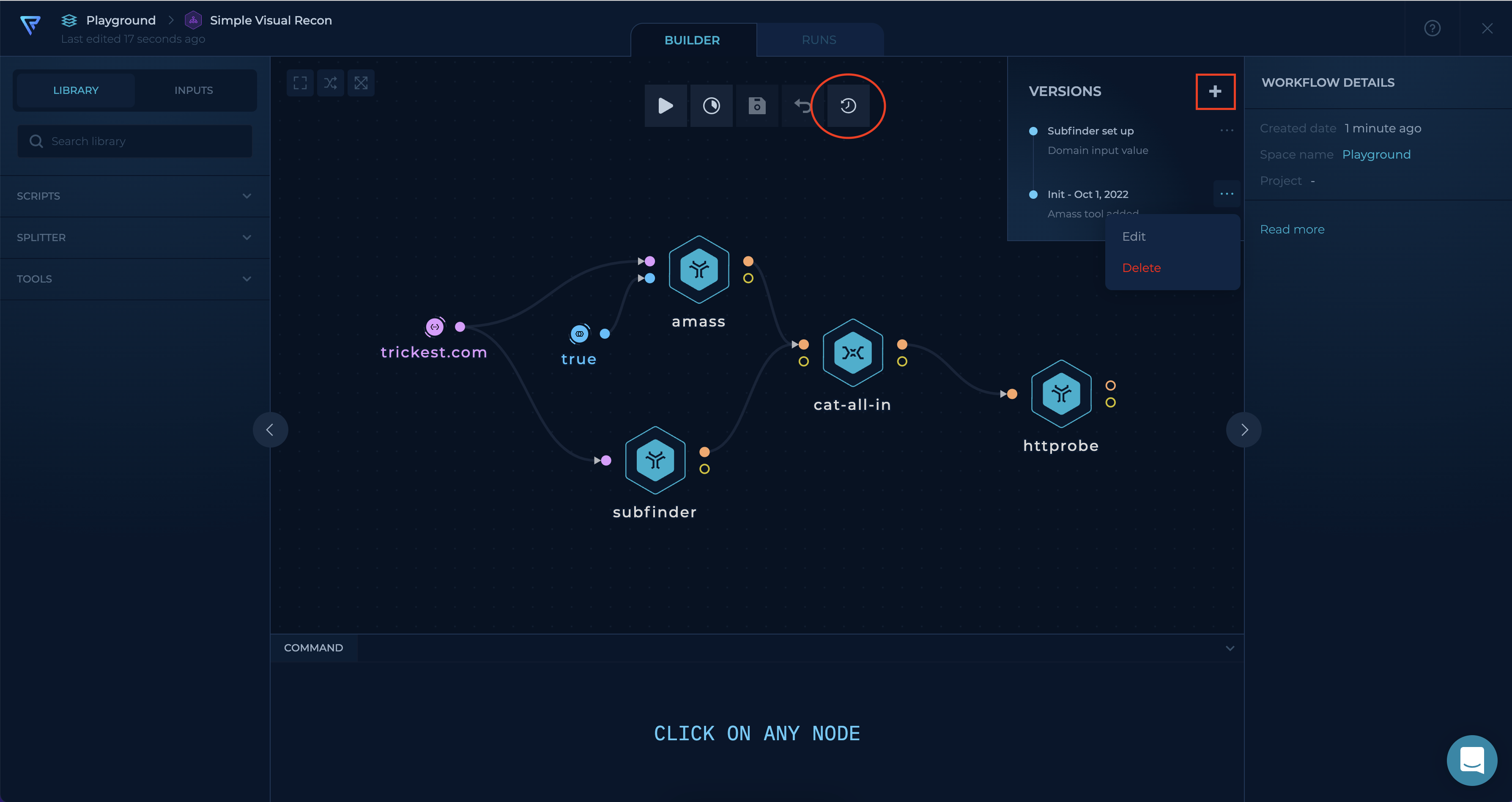 Screenshot of the workflow editor and pointing to workflow history actions in it