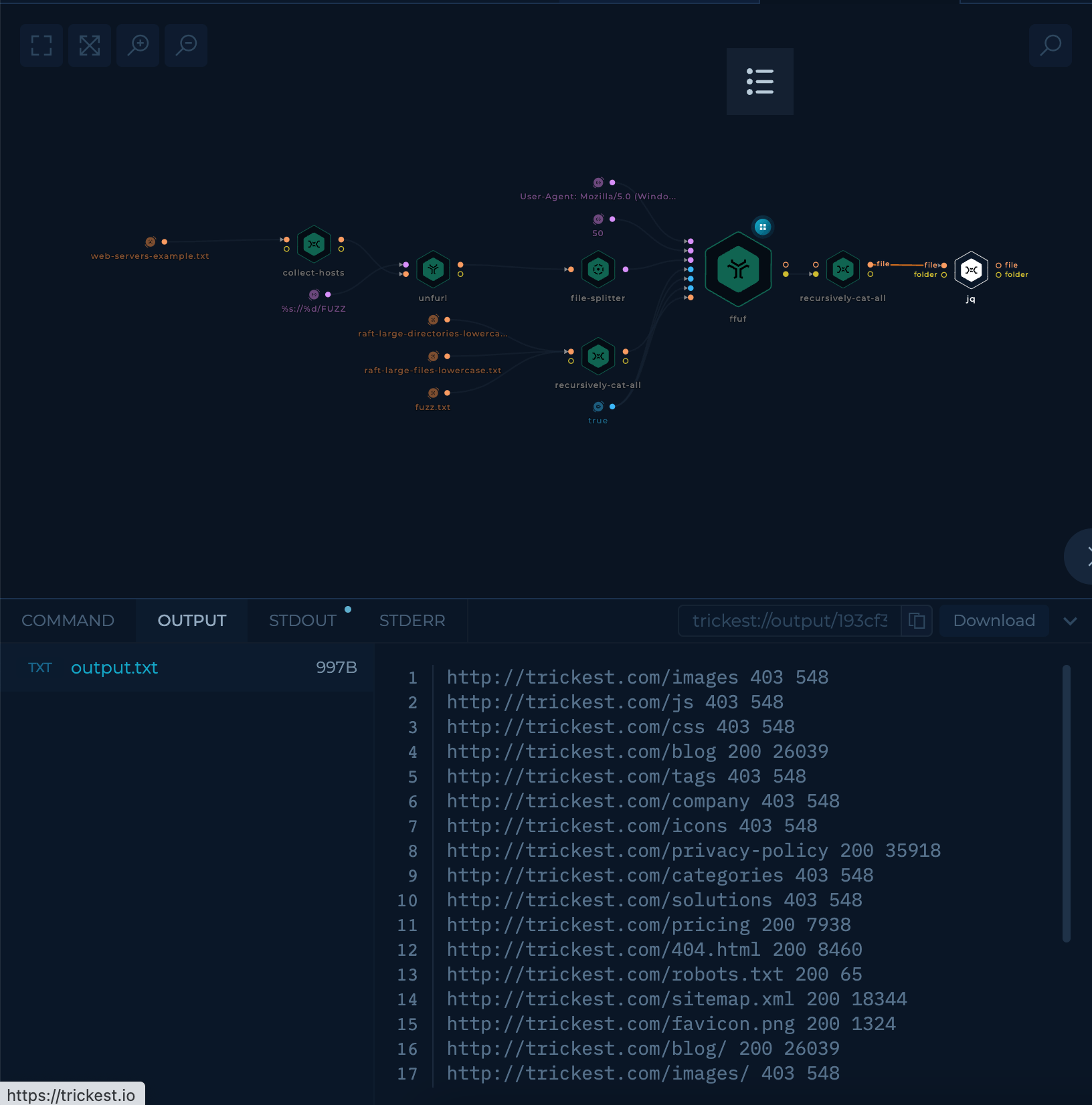 Brute-Force Files & Directories on a List of Hosts Workflow Results in the workflow editor