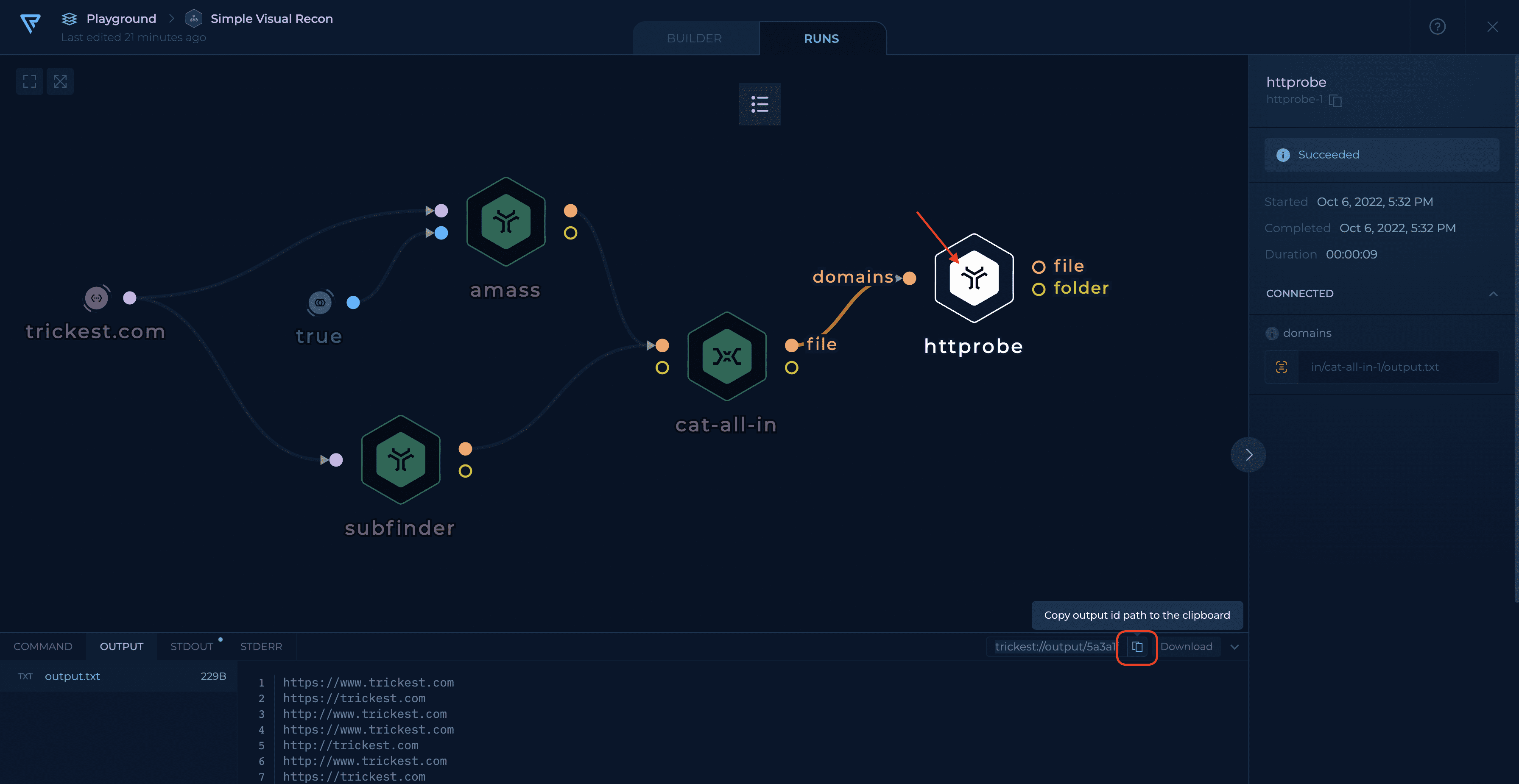 Screenshot of the workflow editor and copying the URL of httprobe's output in a workflow