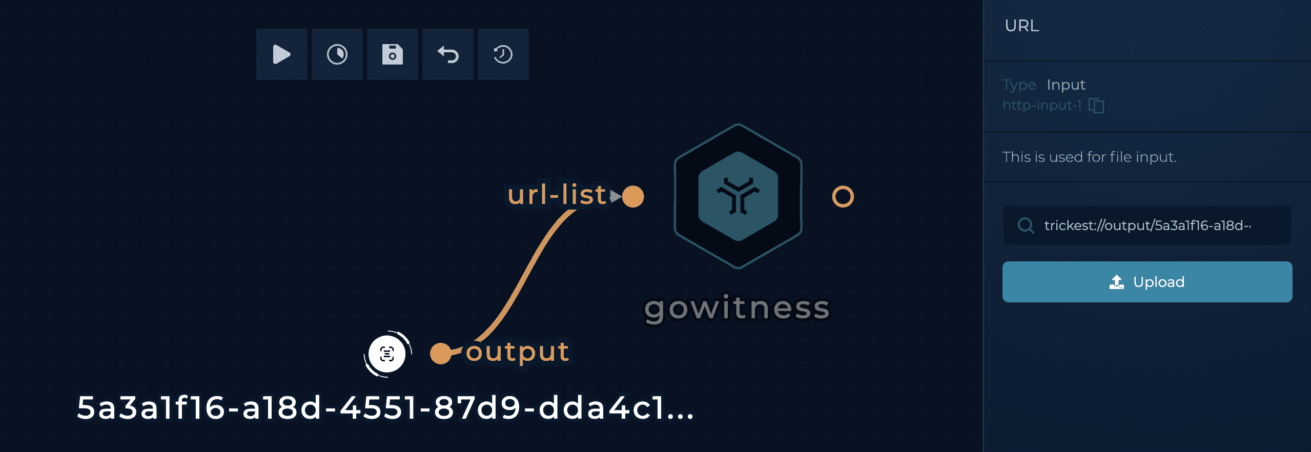 Screenshot of Using node output URL in the right side bar next to the workflow editor