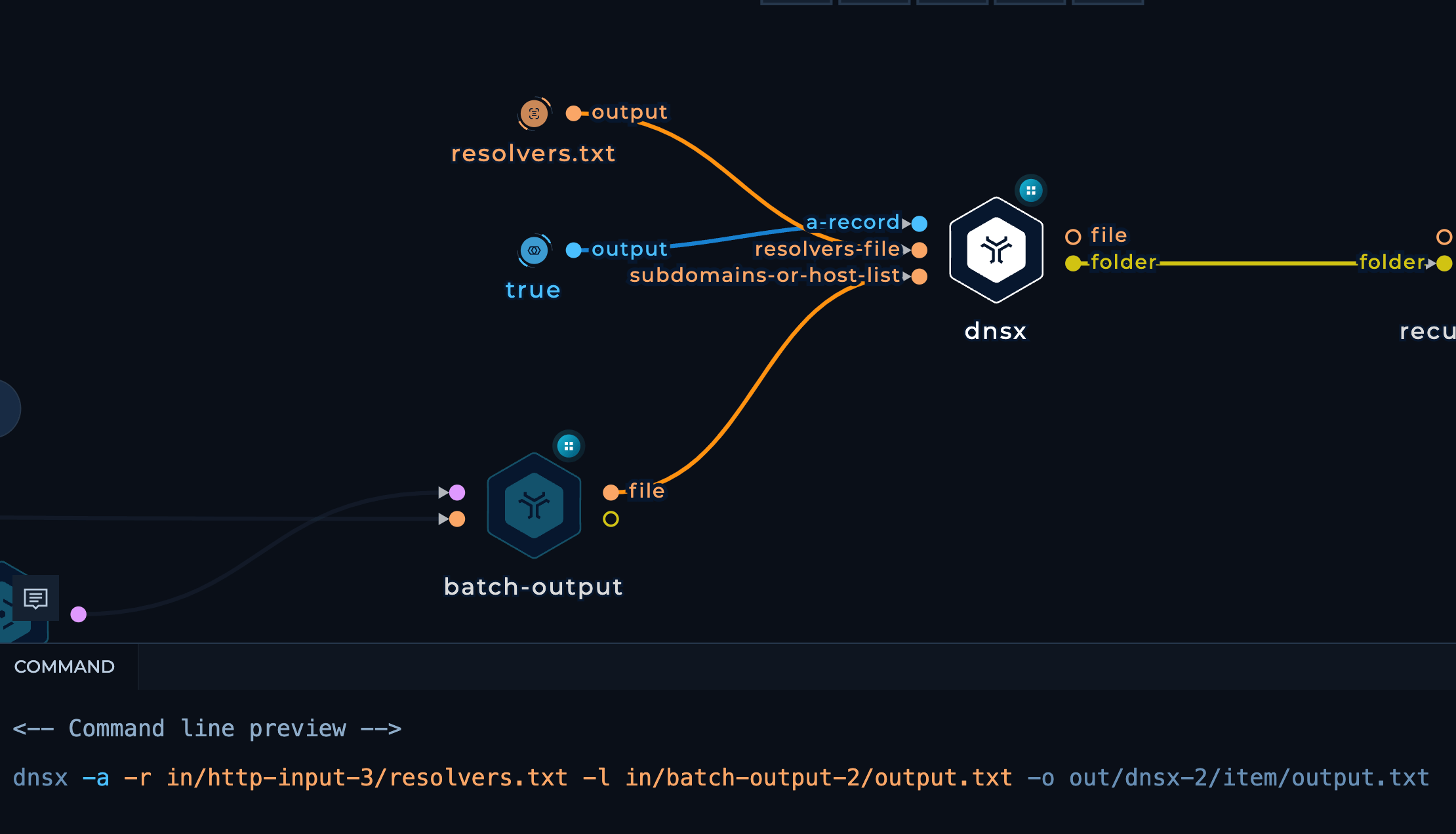 dnsx node with input parameters in the workflow editor highlighted