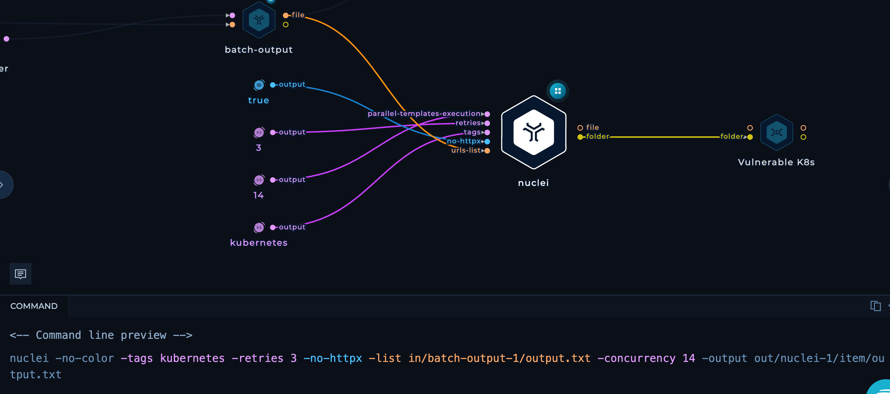 nuclei node with input parameters in the workflow editor highlighted