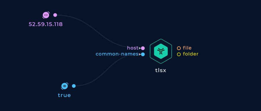 Screenshot of tlsx node connected to two input nodes node in the workflow editor