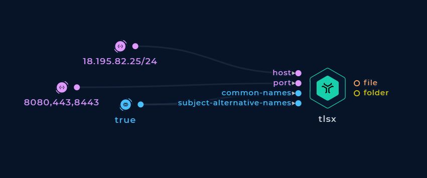 Screenshot of tlsx node connected to three input nodes node in the workflow editor