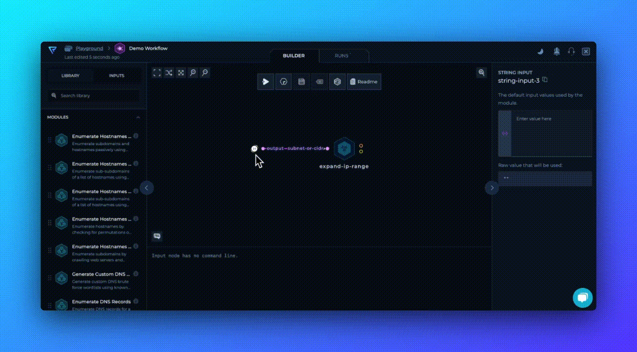 Video of Trickest's platform editor and scanning for internal open ports