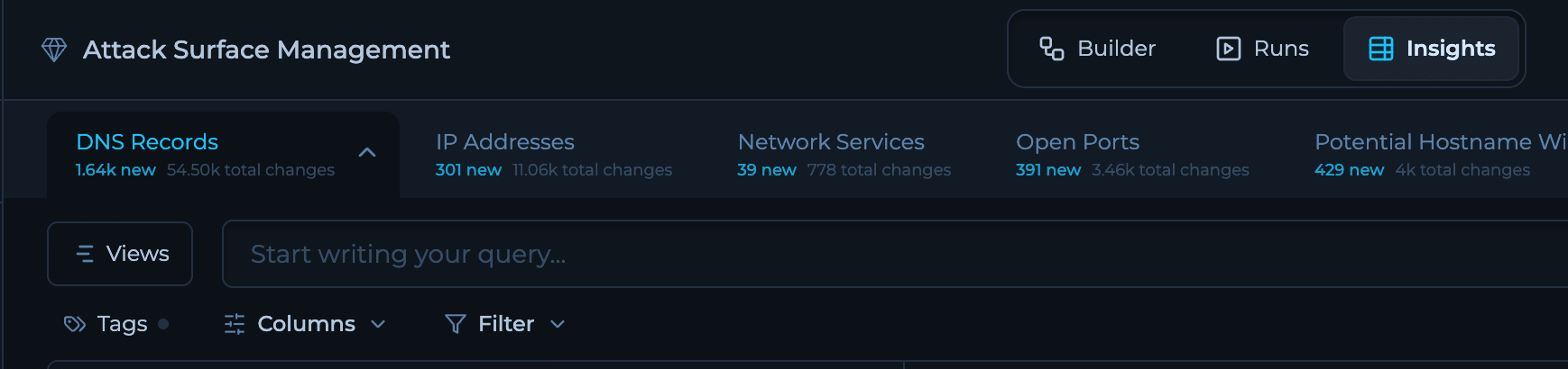 Dataset menu with counters showing recent changes