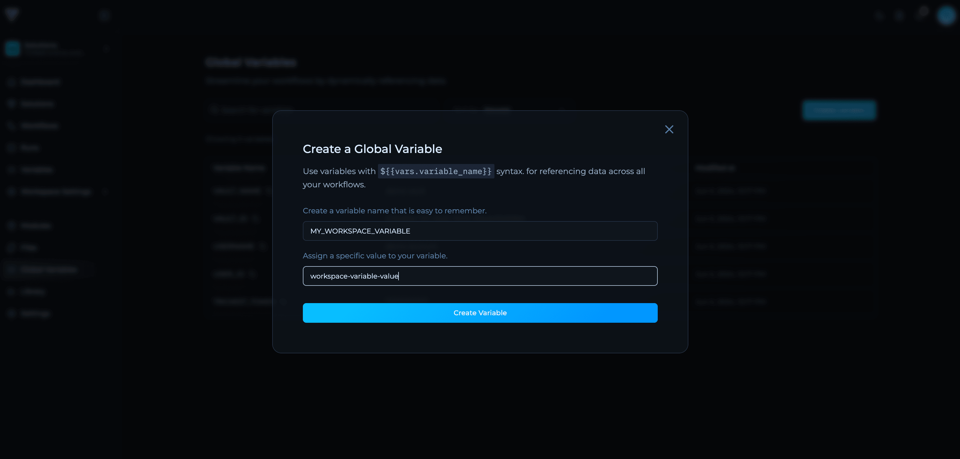 Workspace Variables Page