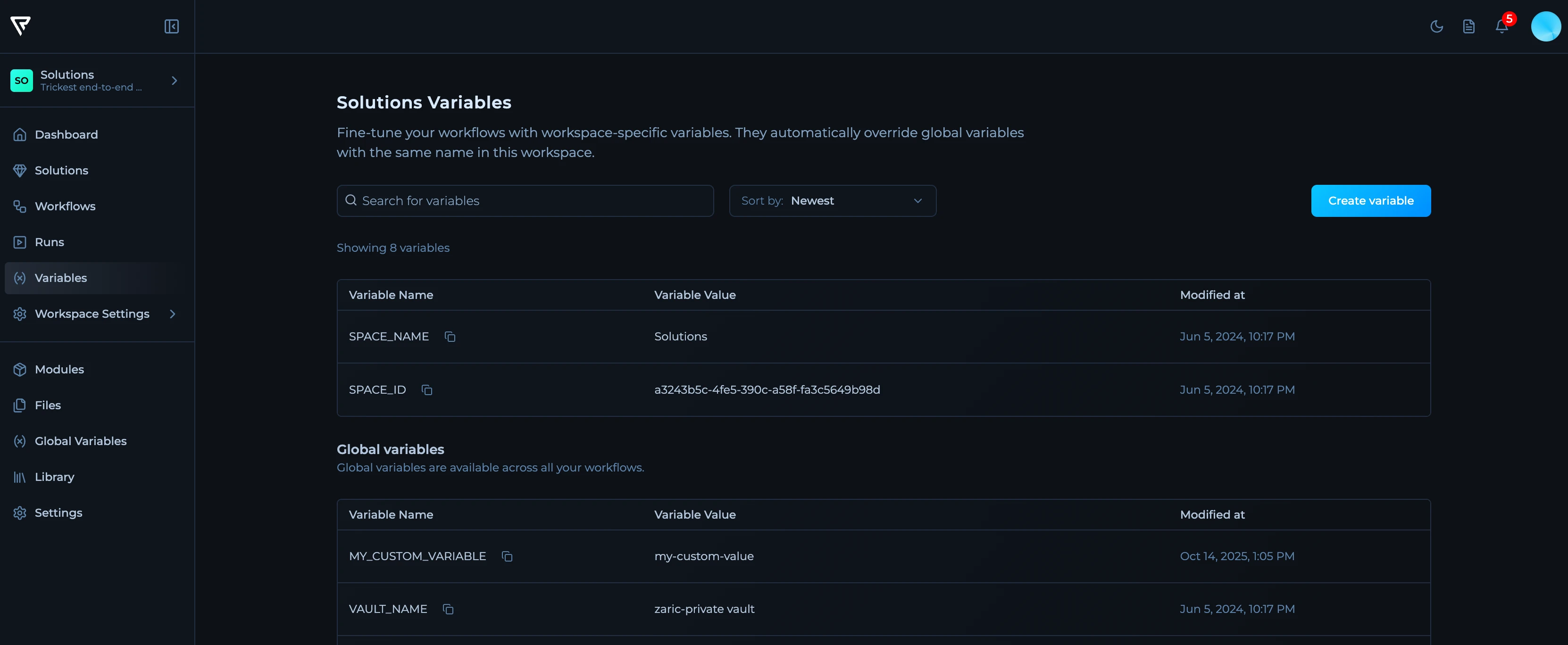 Workspace Variables Page