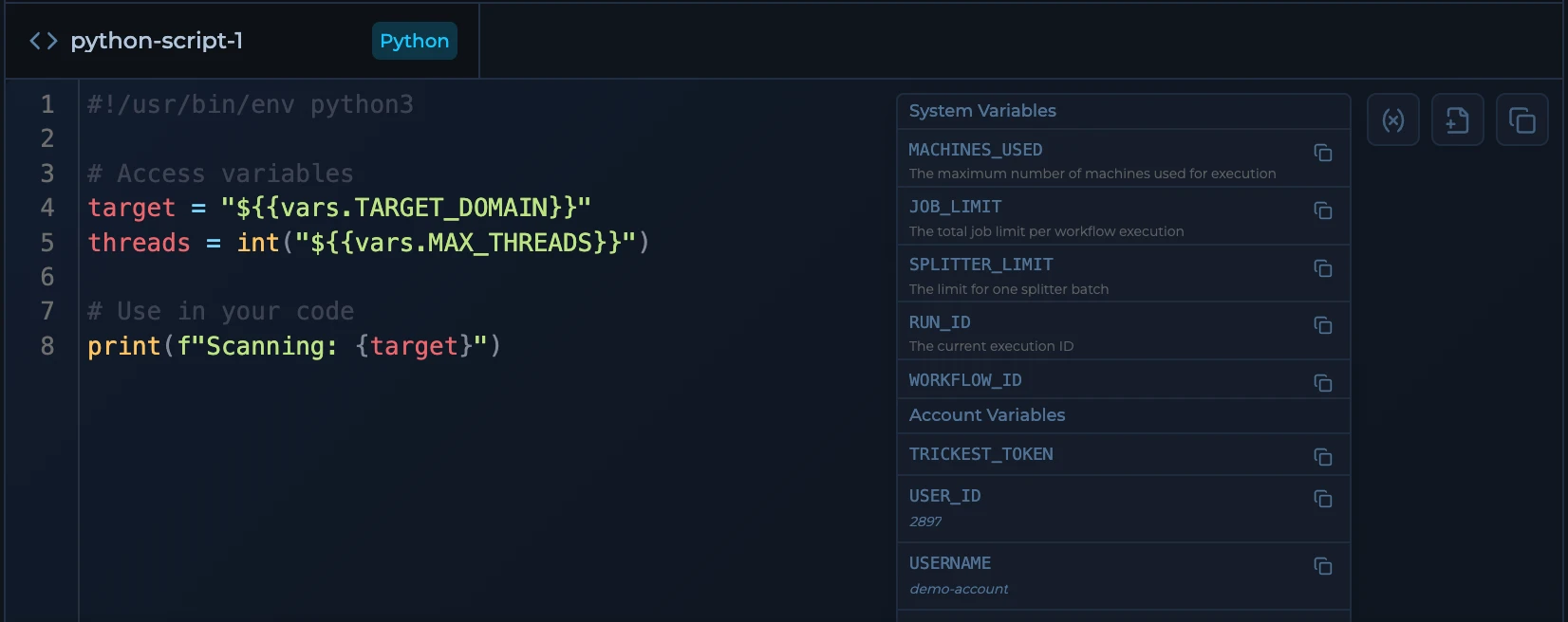 Variable dropdown in script editor
