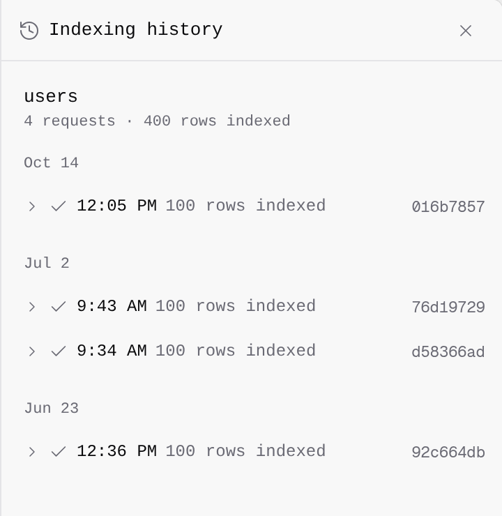 The users demo table has four existing requests, each with 100 rows indexed.