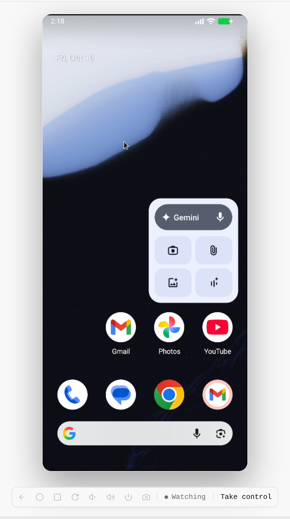 A live Android launcher in Mobile, with device controls and the Take control button.