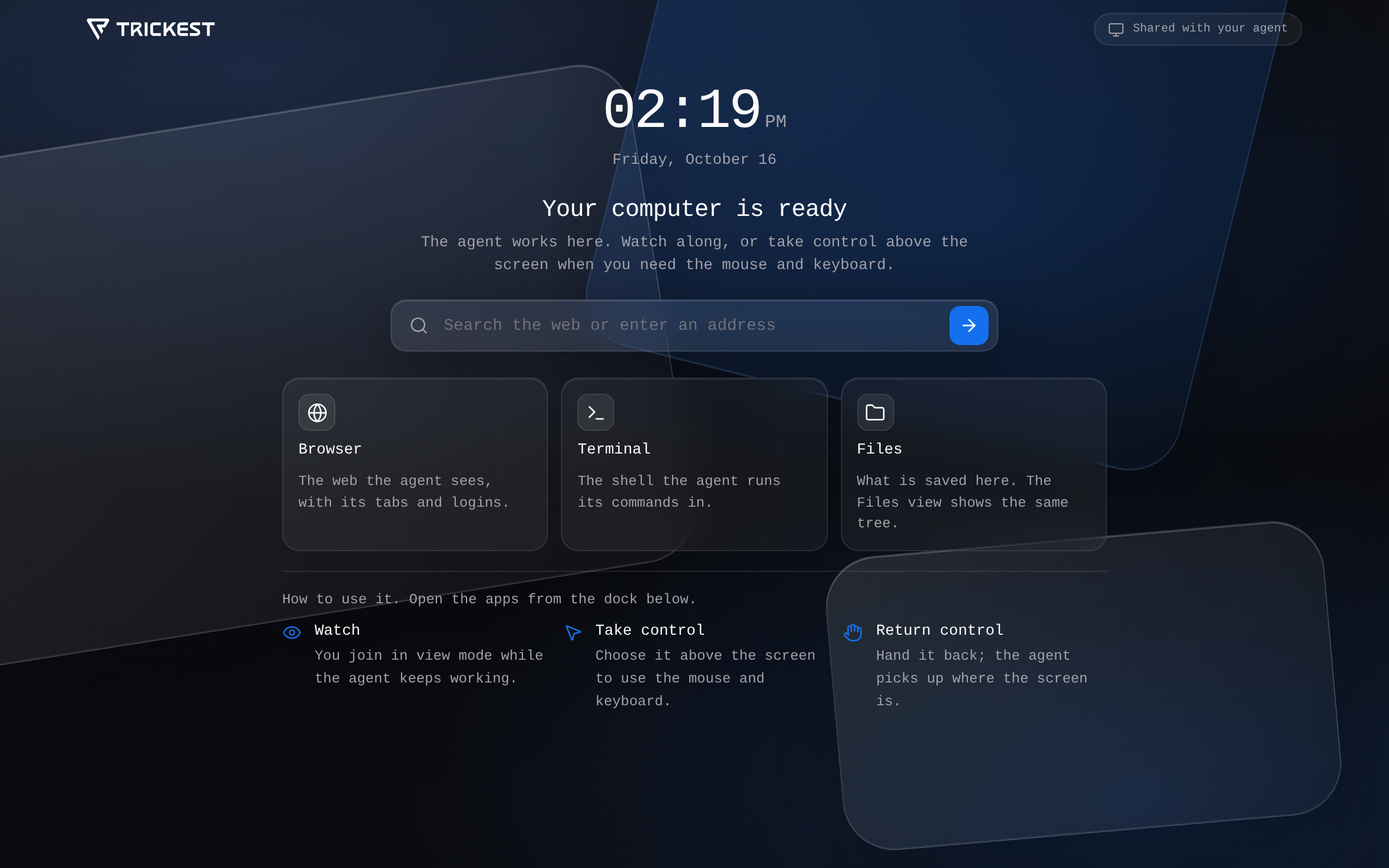 The updated Computer browser start page with web search, Browser, Terminal, Files and control guidance.