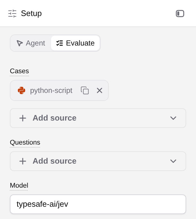 Evaluate Setup with Cases and Questions file inputs and typesafe-ai/jev as its model.