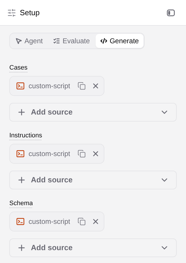 AI node Setup showing Agent, Evaluate and Generate, with Generate selected and its Cases, Instructions and Schema inputs.