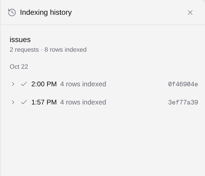 Indexing history with two existing requests and their indexed row counts.