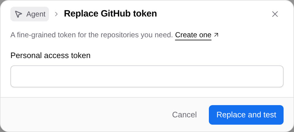 Empty GitHub token replacement form with Personal access token and Replace and test controls.