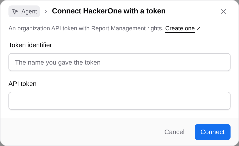 Empty HackerOne connection form with Token identifier and API token fields.