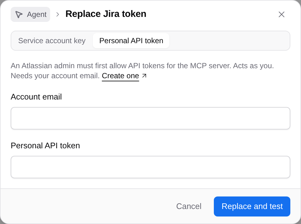 Empty Jira personal API token form with Account email and Personal API token fields.
