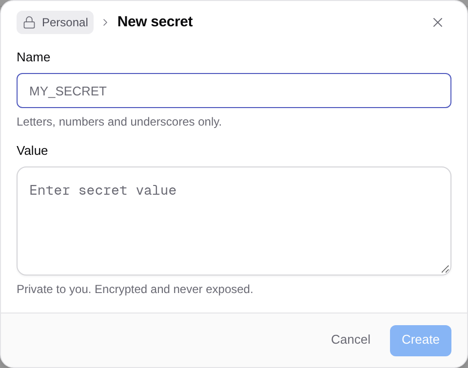New secret dialog with an empty credential value.